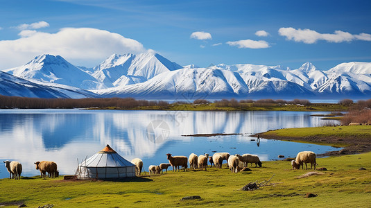 草原山脉高原旅行自然生态雪山下辽阔的湖泊景观插画