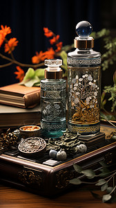 古代计时工具花纹雕刻的制香瓶设计图片