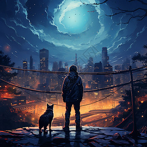 城市俯瞰夜景城市山顶的男子和小狗插画
