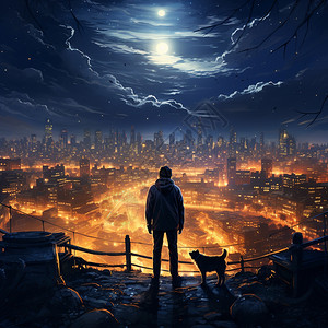 太平山顶俯瞰俯瞰夜晚城市的男子插画