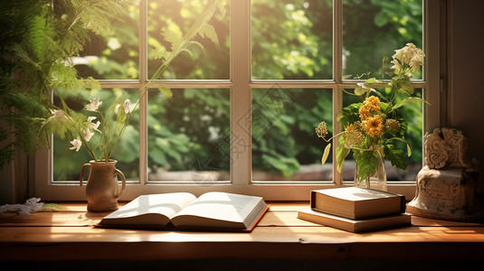 宁静午后窗边悠闲的读物背景