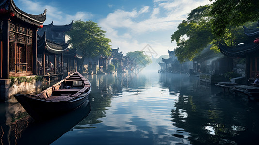 运河边的古镇清晨宁静的江南水乡插画