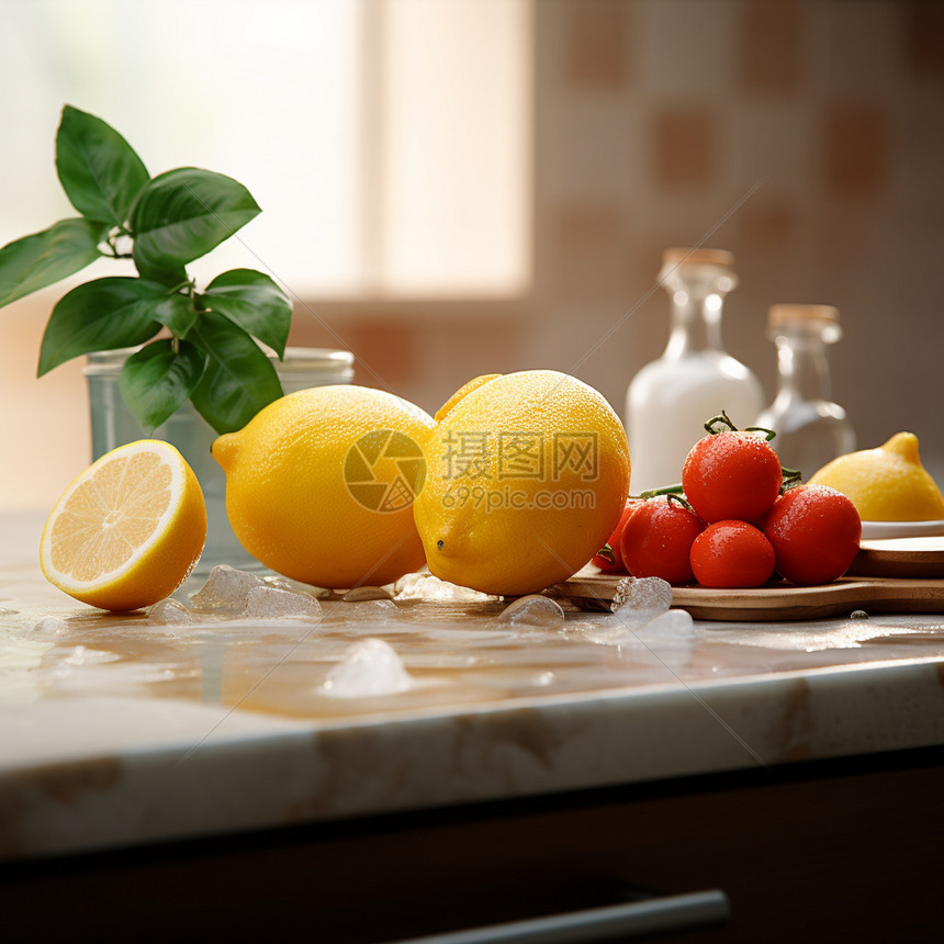 现代厨房台面上的水果图片