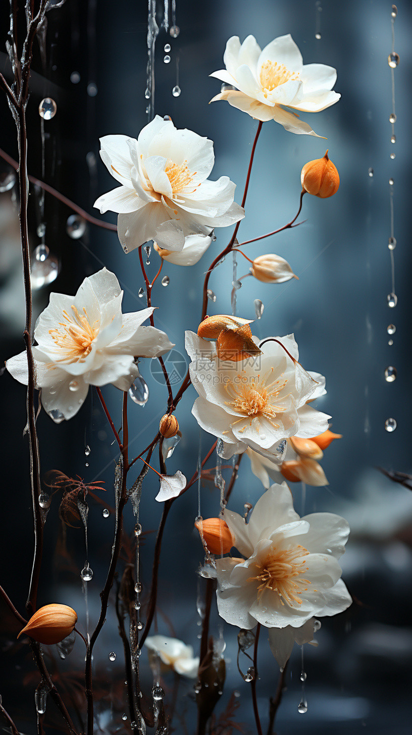 雨中绽放的白色花朵图片