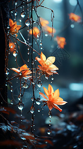 雨中树枝上的花朵背景图片