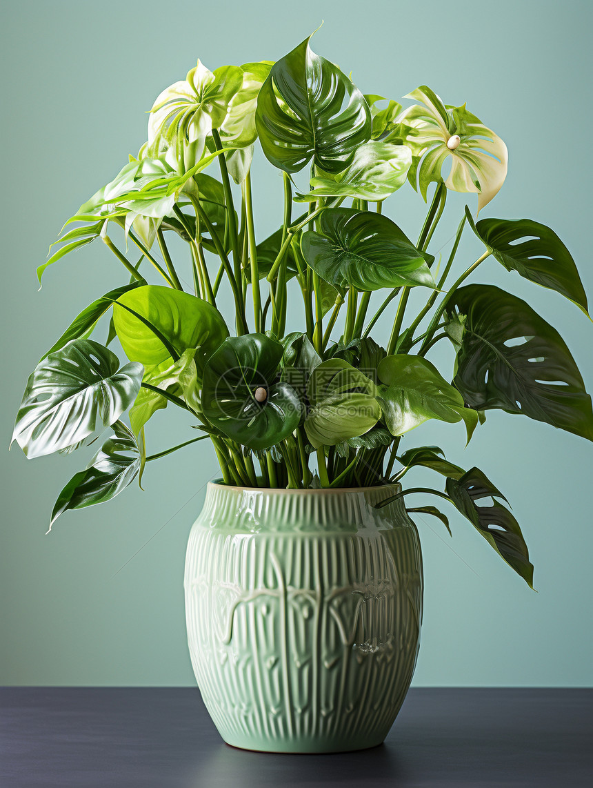 绿色花瓶中的植物图片