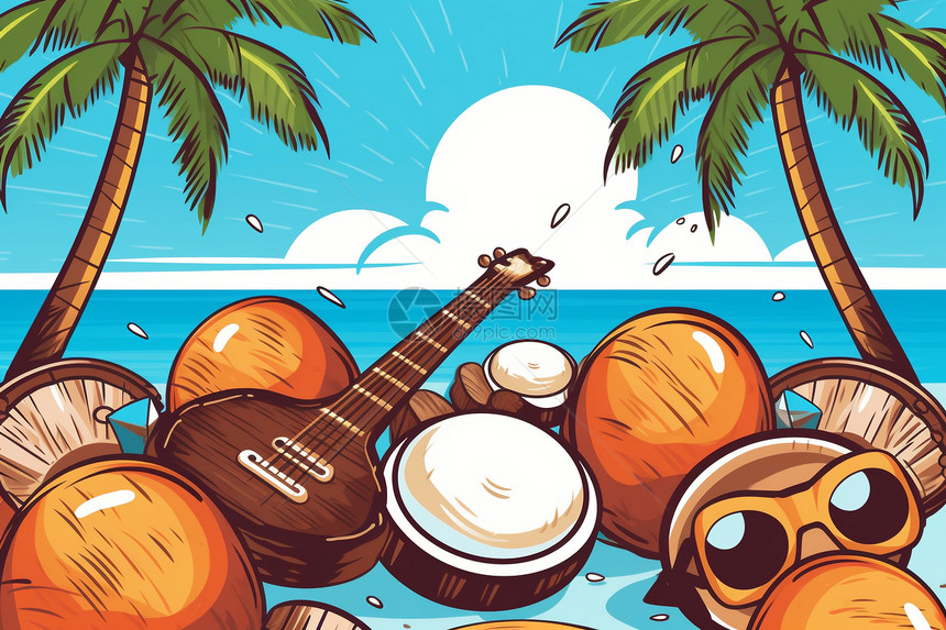 阳光海滩上的椰子派对图片