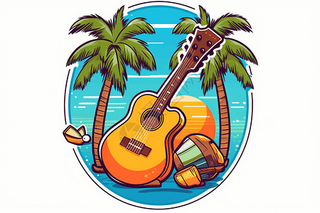 椰子棕榈树夏日乐园的贴纸插画