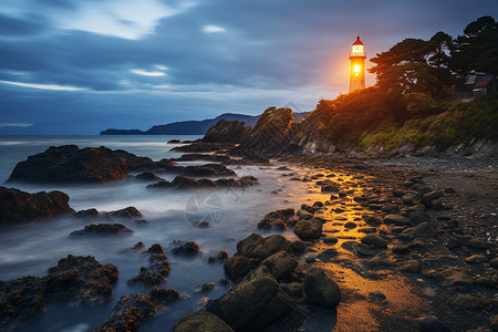 侧面支撑海岸上的一盏灯塔背景