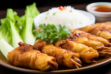 越南 食物餐盘里的肉菜配米饭背景
