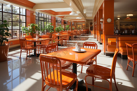 橙色桌椅细节讲究的食堂背景