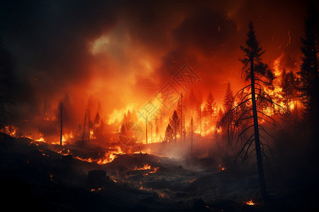 火焰中树林林间燃烧的火焰背景