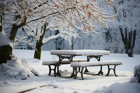 花园雪景秋日公园的雪景背景