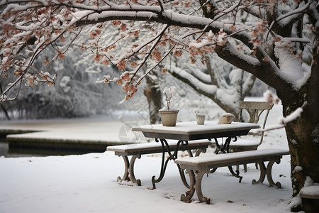 花园雪景冰冻的冬日雪景背景