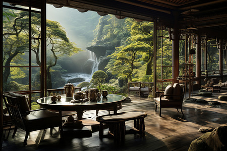 山脉深处的茶室背景图片