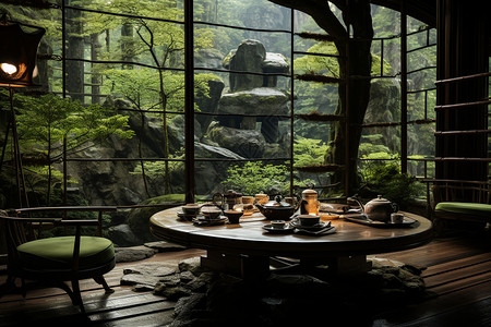 玻璃窗景观的茶室图片