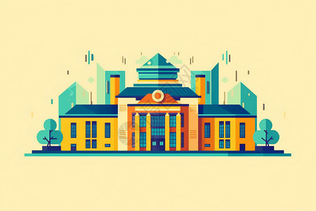 四视图学校建筑的色彩插画