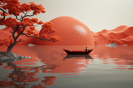美学共鸣的橙色小船插画