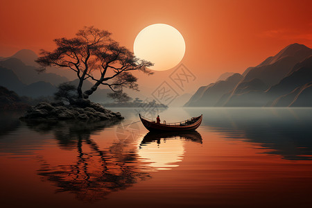 秋日宁静河面的小船图片