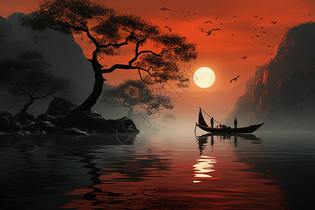 湖上落日之舟图片