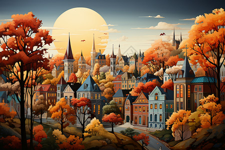 秋天色彩的小镇背景图片
