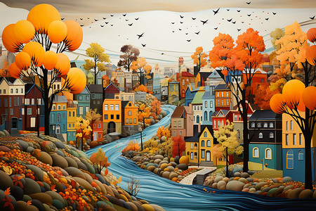 河流元素小镇的艺术元素插画