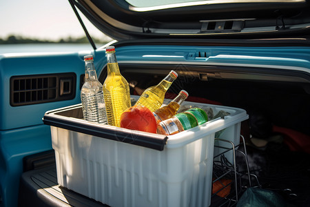 汽车冰箱装满饮料的冷藏盒背景