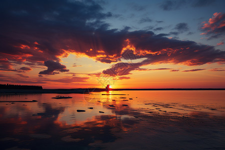夕阳下的湖畔景色图片