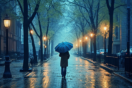 蓝雨伞蓝雨中的孤寂街景背景