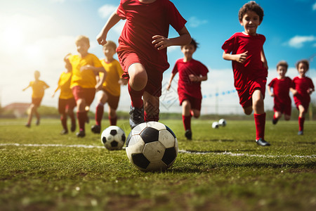 蹴球一群孩子在草地上踢足球背景