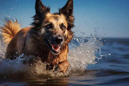 海边奔跑的小狗背景图片