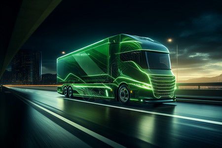 绿色半挂卡车在夜晚的公路上行驶图片