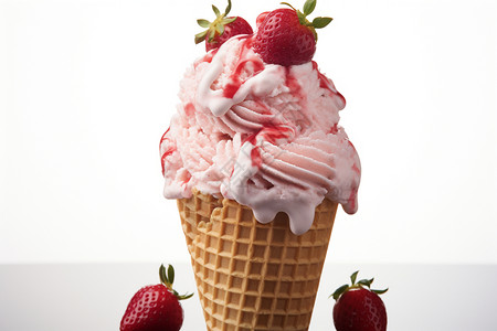 融化的冰激凌蓬松卷曲的草莓冰激凌蛋卷背景