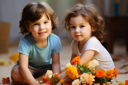 开心坐着男孩坐着花从前的两个孩子背景