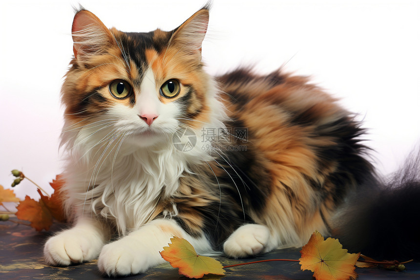 猫咪坐在落叶上图片