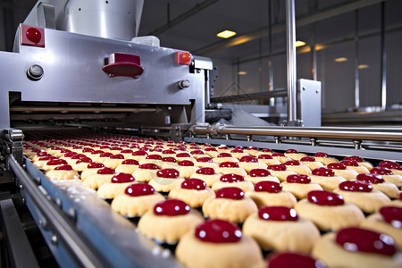 美食工厂甜品工厂中的传送带上有饼干和果冻背景