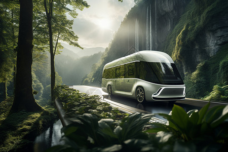 小巴士绿色风景中的公交车设计图片