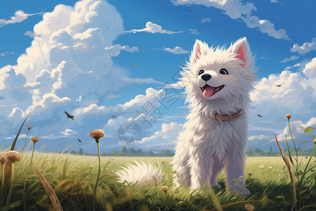 厚涂小狗草地上的一只白色小狗插画