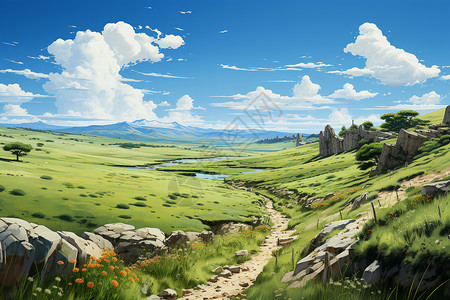 内蒙古草原上的景色插画