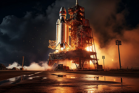 火箭冲天而起的壮观夜景图片