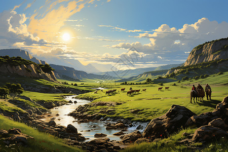 内蒙古草原上的美丽风景插画