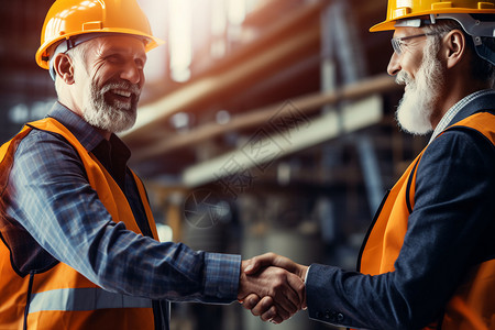 建筑工地上工人握手图片