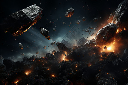 黑色晶体破裂的太空陨石设计图片