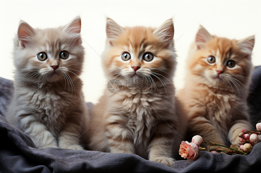 三只小猫坐在花朵前的毯子上图片