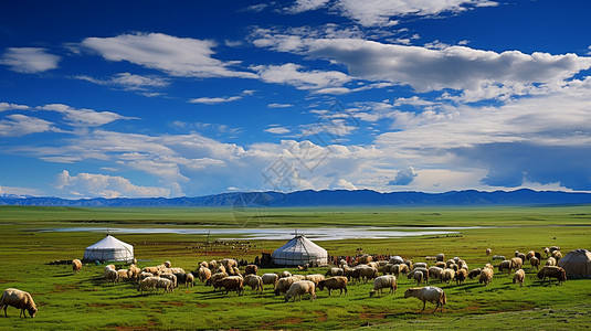 大草原蒙古包夏季草原上的畜牧业插画