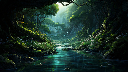 梦幻空灵的傍晚森林景观图片