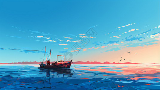 广阔海面上的渔船插画