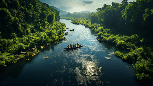 过河森林渔民乘木筏过河背景