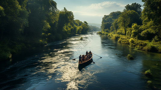 钓鱼人乘木筏横渡河流图片