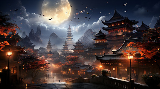 夜晚古代的中式古建筑插图背景图片